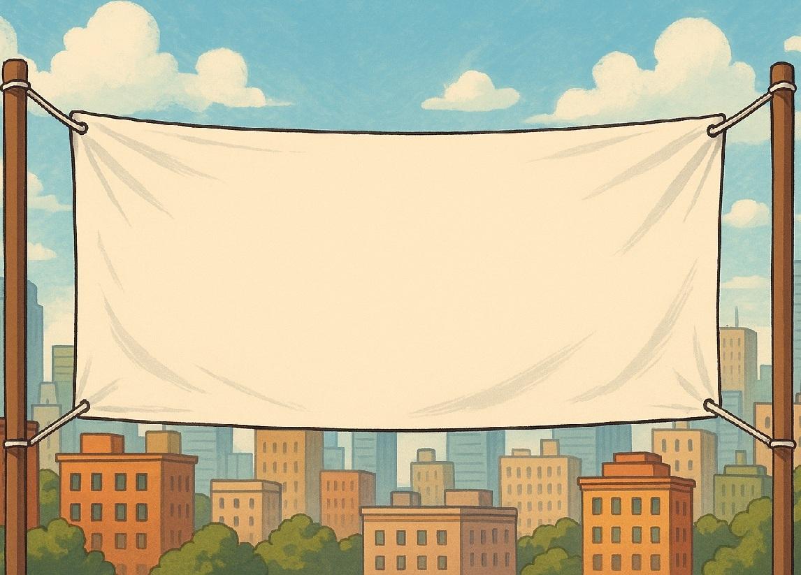 Illustratieve afbeelding van een leeg spandoek dat hangt tussen twee palen, met op de achtergrond een kleurrijke stad vol gebouwen en een blauwe lucht met wolken.