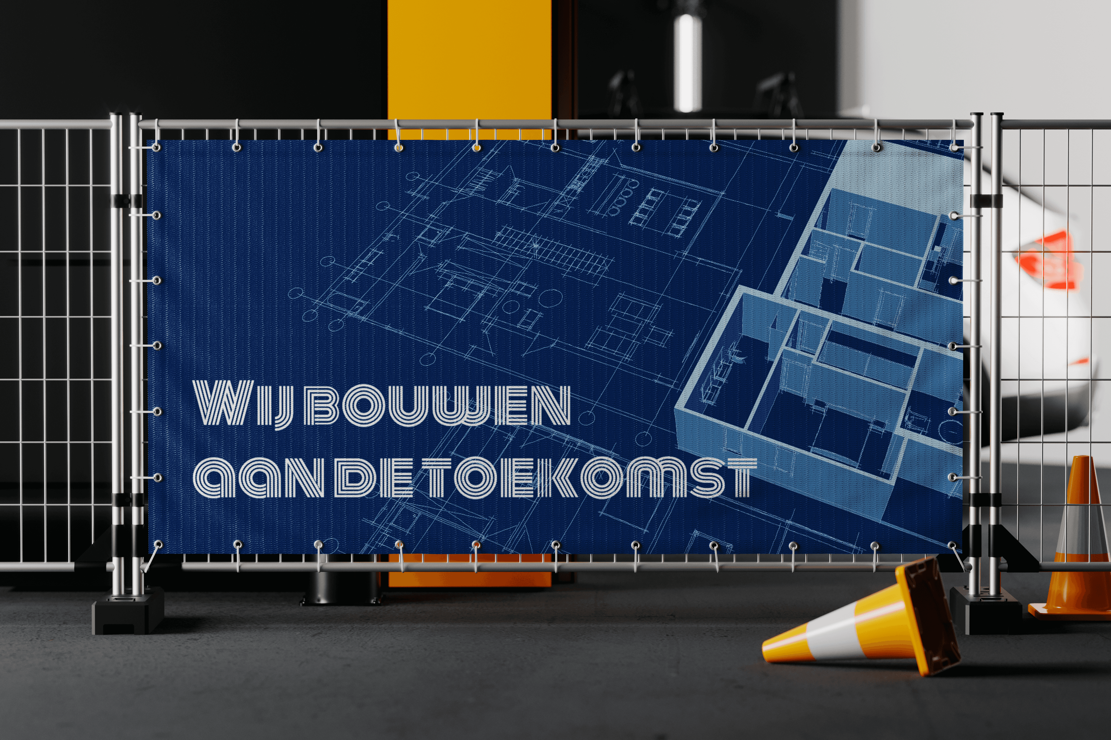 Bouwspandoek met tekst 'Wij bouwen aan de toekomst', blauwdrukken en bouwtekeningen op de achtergrond