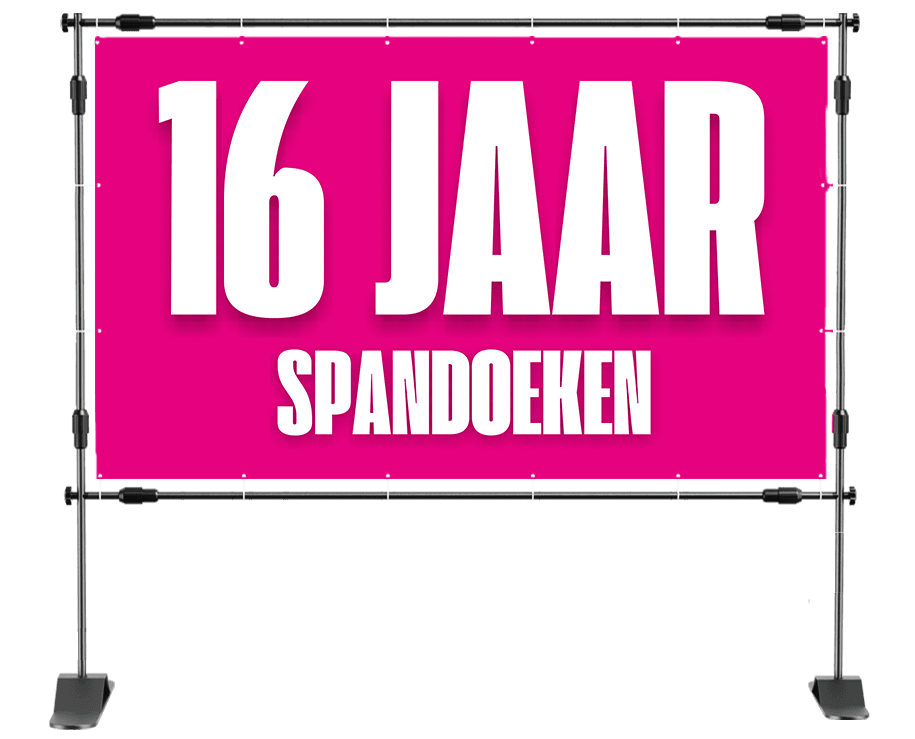 Minimalistisch spandoek 16 jaar met verkeersbord en wit bakstenen achtergrond