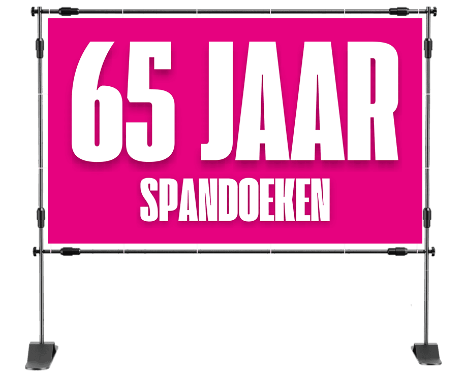 Spandoek 65 jaar met champagnefles, gouden decoratie, tekst 'Gefeliciteerd, hoe ouder hoe gekker!' en gouden cijfers 65