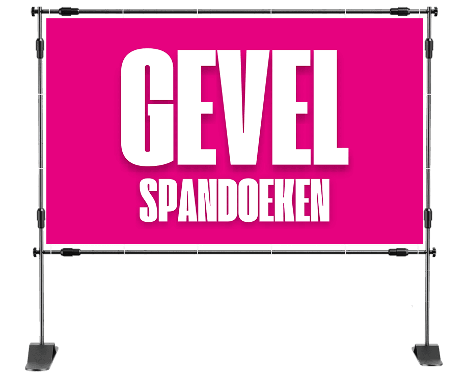 Spandoek op gevel met skyline van een stad bij schemering en de tekst ‘Wij bouwen aan de toekomst’ in grote witte letters.