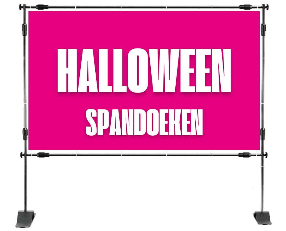 Spandoek Halloween met de tekst 'Trick or Treat' in witte letters op een donkerbruine achtergrond, versierd met kleurrijke confetti bovenaan.