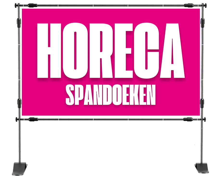 **Alt-tekst:**   Horeca spandoek met Grolsch-uitstraling en de tekst ‘Wij schenken vanaf nu Grolsch’, geplaatst in een tuinomgeving.