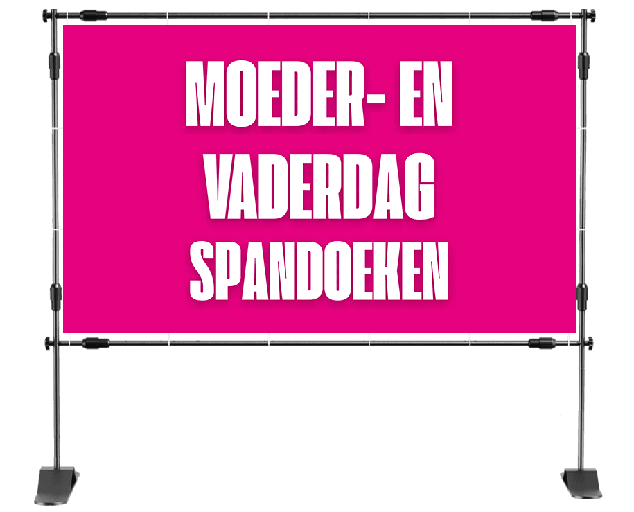 Spandoek moederdag met roze, witte en gouden ballonnen en de tekst: “Verras je moeder”.