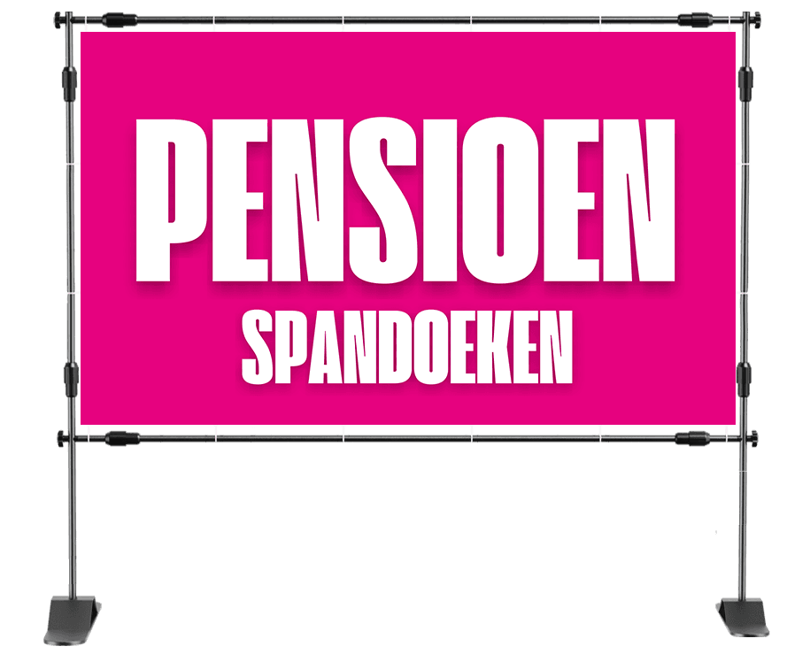 Spandoek pensioen met snelwegstijl en duidelijke richting: "Pensioen → Genieten" – voorzien van palmboom en pijl, in herkenbare blauw-witte bewegwijzering.