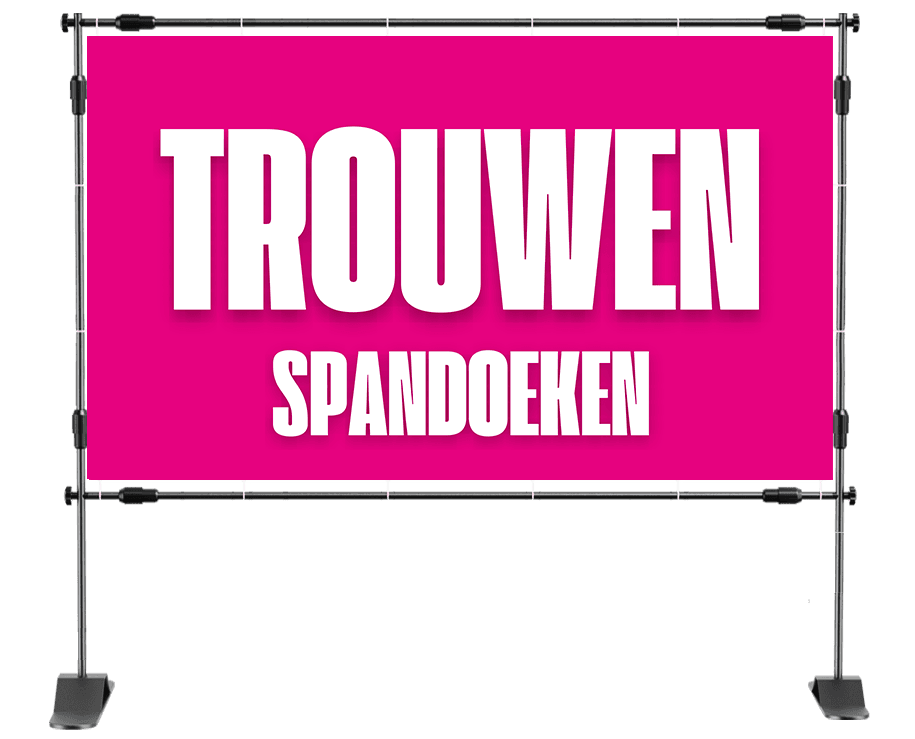 Spandoek trouwen – Romantisch spandoek met twee hand-in-hand figuren verbonden door een rode draad, met de tekst ‘samen voor altijd’ op een zachte, neutrale achtergrond.