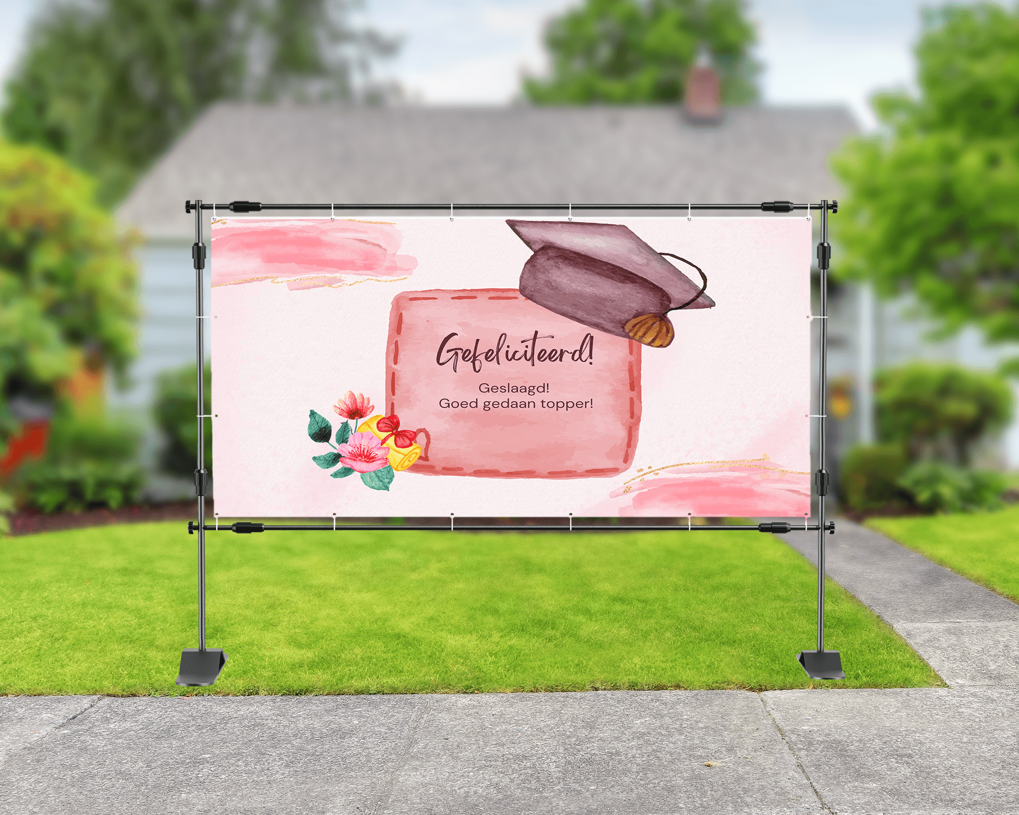 Spandoek met witte achtergrond en de tekst 'Goed Gedaan!' met geslaagd boodschap.