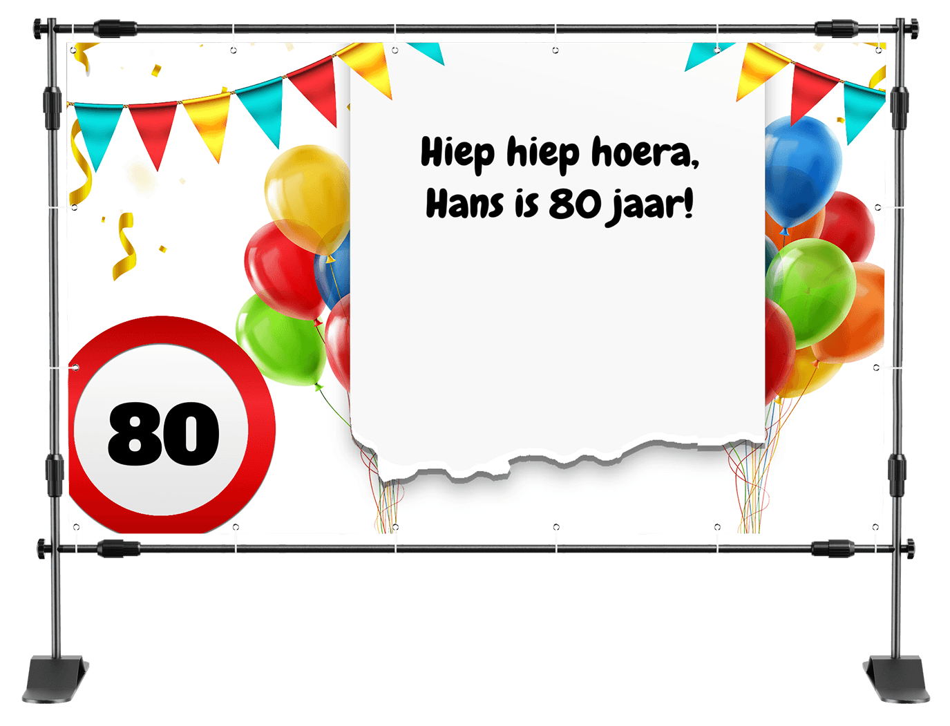 Spandoek 80 jaar met tekst 'Hiep hiep hoera, Hans is 80 jaar!', feestdecoratie en kleurrijke ballonnen