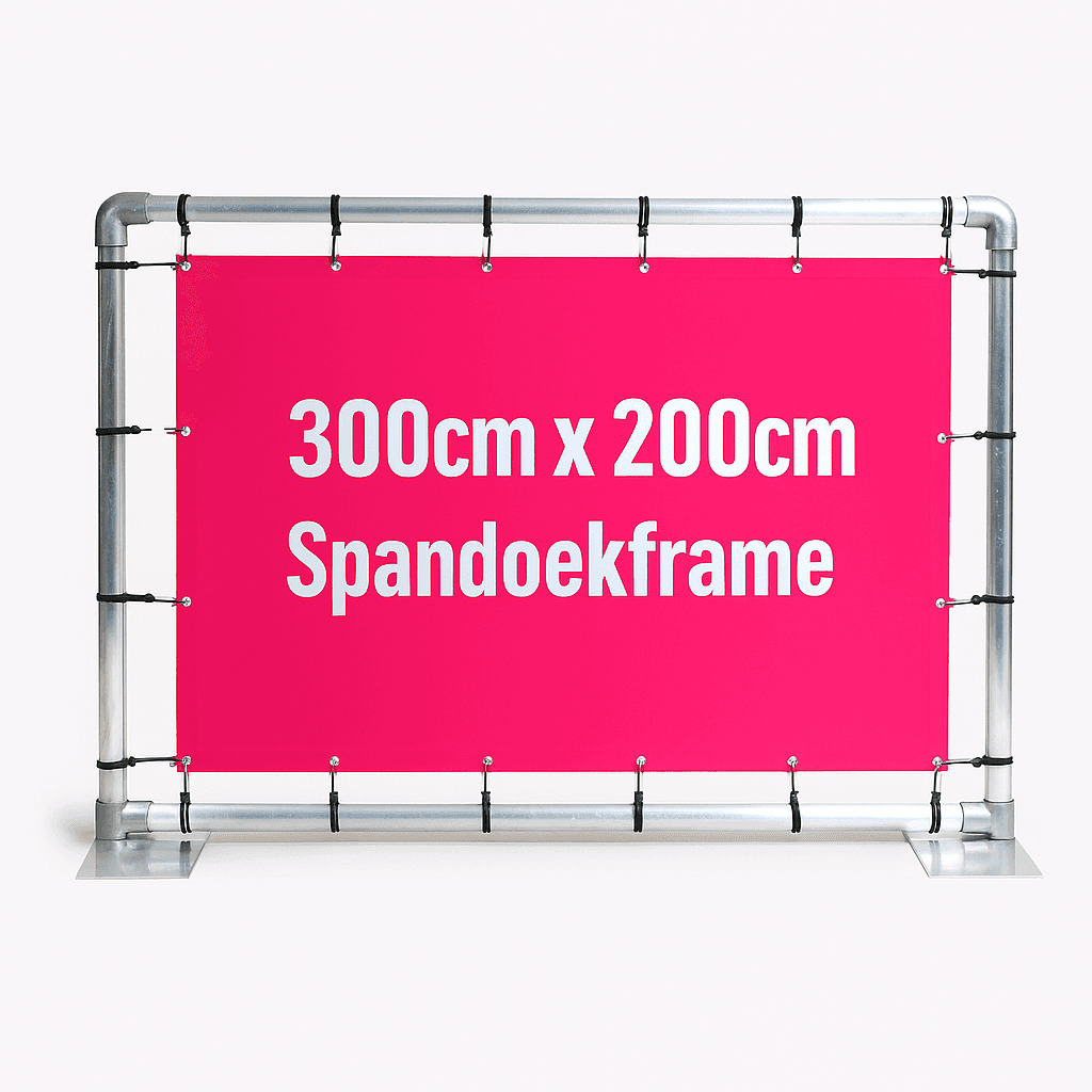 Spandoekframe met een magenta doek waar de volgende tekst op staat: Spandoekframe 300x200cm