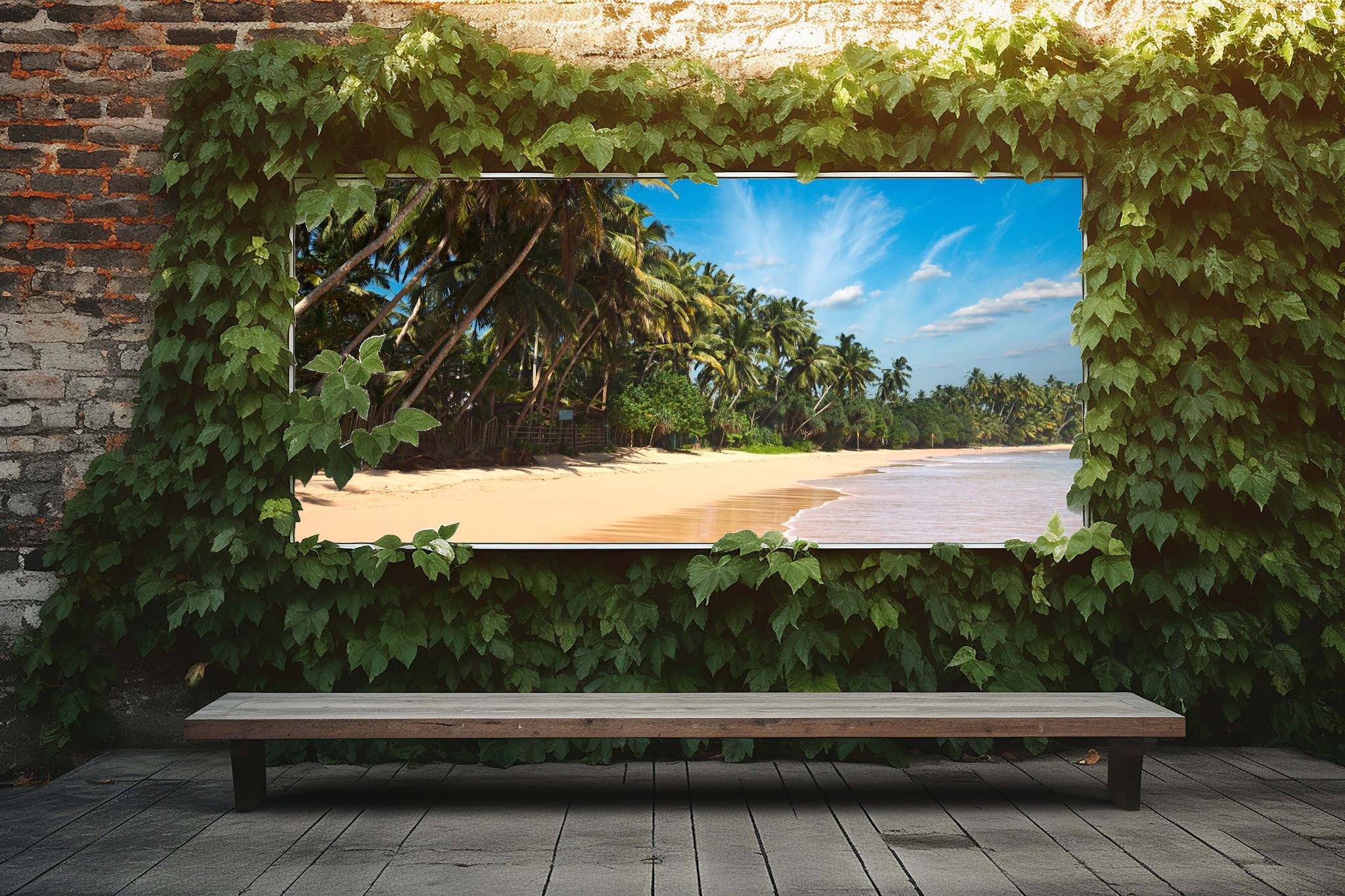 Spandoek met afbeelding van tropisch palmenstrand en blauwe lucht. Zomerse wanddecoratie voor tuin of terras