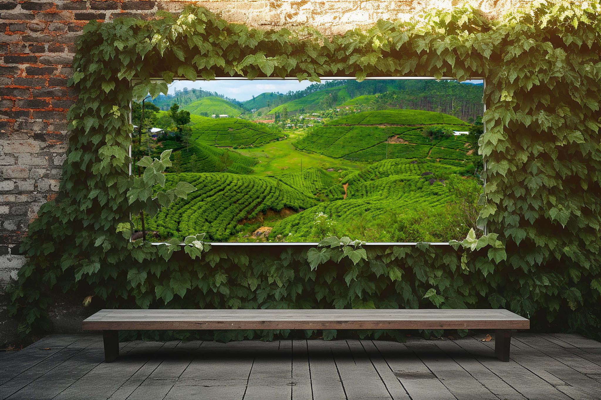 Spandoek met afbeelding van groene theeplantages in heuvelachtig landschap. Frisse en natuurlijke wanddecoratie voor buiten