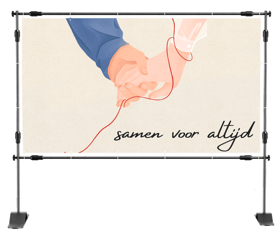 Spandoek trouwen – Romantisch spandoek met twee hand-in-hand figuren verbonden door een rode draad, met de tekst ‘samen voor altijd’ op een zachte, neutrale achtergrond.