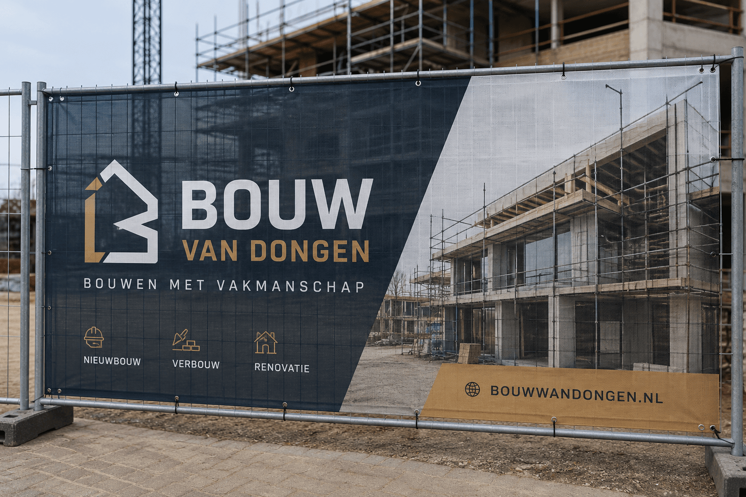 Liggende productafbeelding van een winddoorlatend bouwhekdoek bevestigd aan een metalen bouwhek bij een bouwplaats. Het mesh spandoek toont een modern ontwerp van een bouwbedrijf met groot logo, bedrijfsnaam “Bouw van Dongen”, iconen voor nieuwbouw, verbouw en renovatie, en een foto van een gebouw in aanbouw. Door het geperforeerde materiaal is de achtergrond subtiel zichtbaar, wat het winddoorlatende karakter benadrukt.