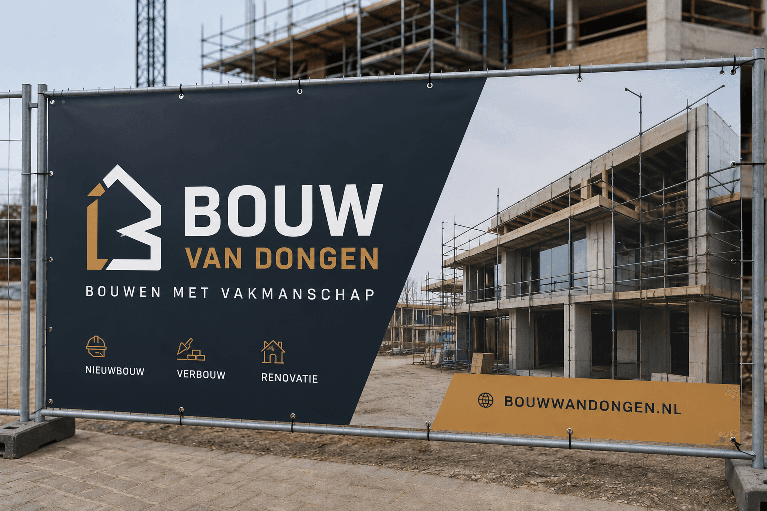 Liggende productafbeelding van een stevig Frontlit 510 grams bouwhekspandoek gemonteerd aan een metalen bouwhek op een bouwplaats. Het niet-winddoorlatende PVC doek heeft een strak en volledig gesloten oppervlak met een luxe ontwerp van een bouwbedrijf, inclusief groot logo, bedrijfsnaam “Bouw van Dongen”, dienstenoverzicht en een foto van een modern gebouw in aanbouw. Het materiaal oogt glad, stevig en professioneel voor buitengebruik.