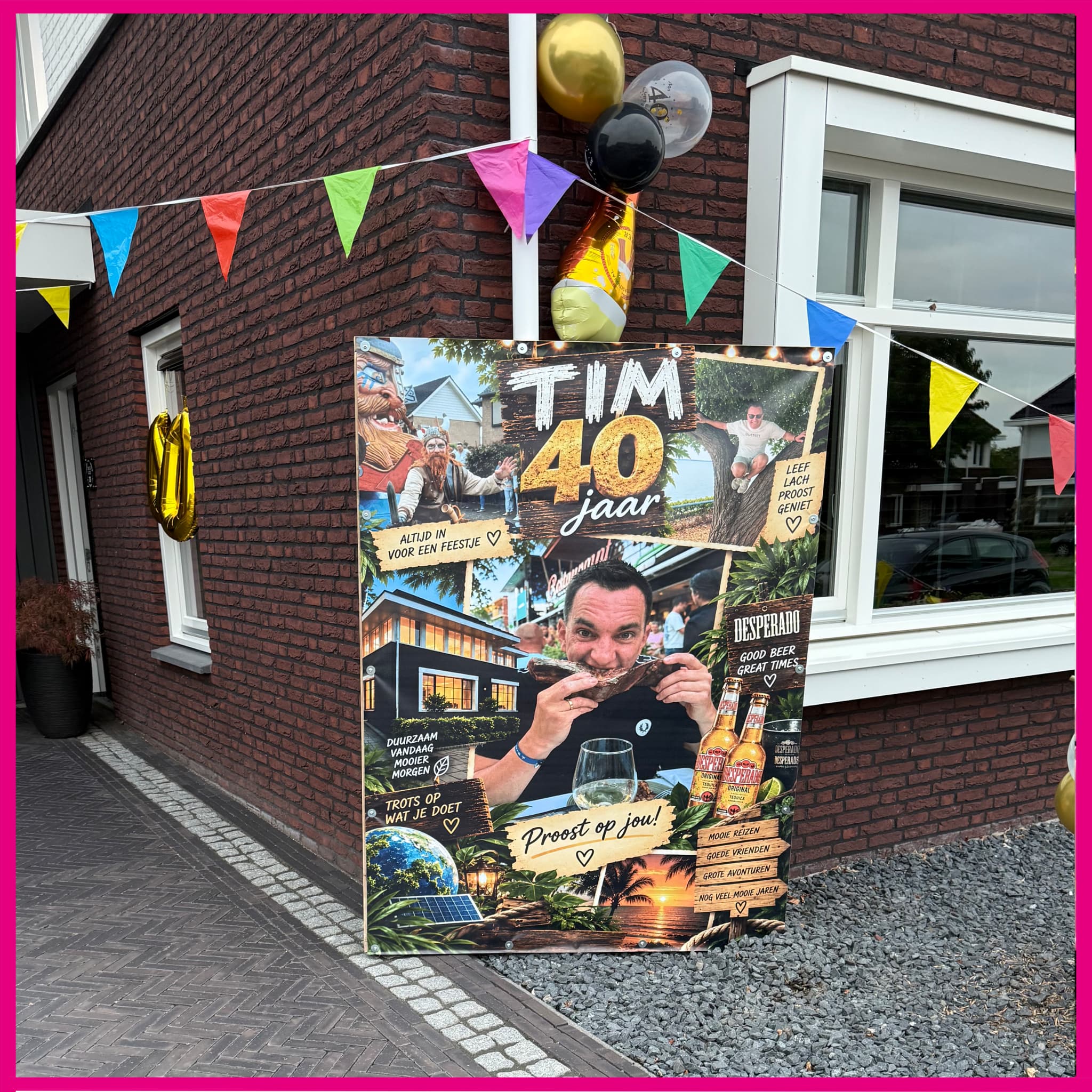 Verjaardag spandoek van 40 jaar die geplaatst is op een versierd oprit in Schaijk