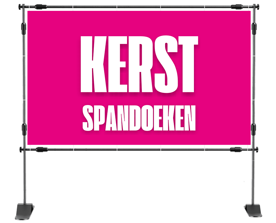 Spandoek kerst met een kerstboom, cadeautjes, een lachende kerstman en de tekst ‘Prettige kerstdagen en een gelukkig nieuwjaar’ op een winterse achtergrond.